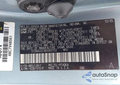 2006 Toyota Sienna Xle Limited из США, поврежденный, VIN 5TDBA22C46S060152